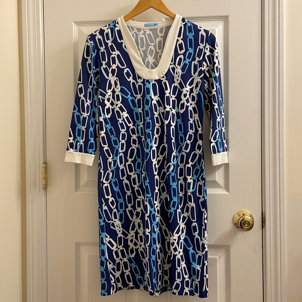 J.McLaughlin blue & White chain link catalina Tunic Dress Quadrafoil Nec…